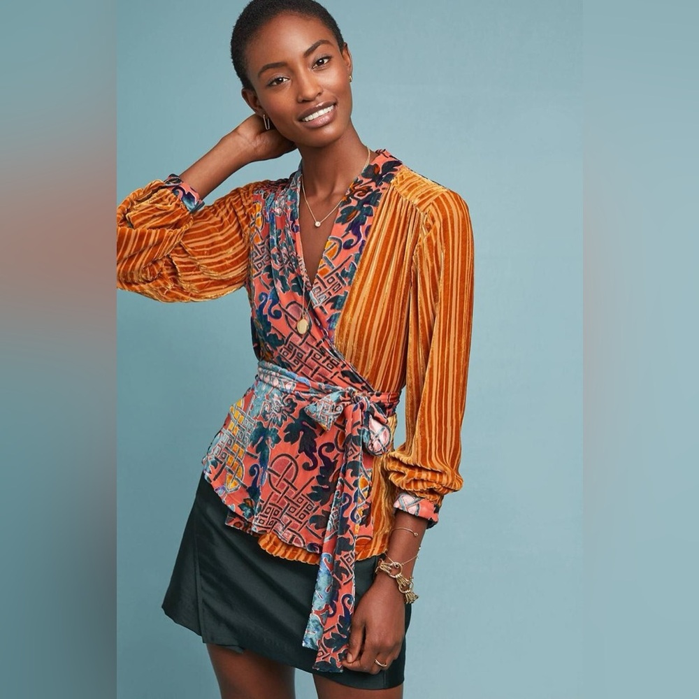 Anthropologie Moulinette Soeurs Velvet Burnout Patchwork Wrap Blouse Size S